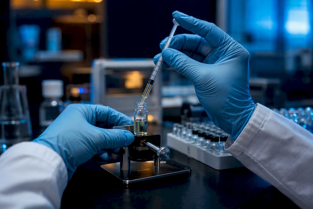 Hands adding reagent to vial to scavenge catalyst residue