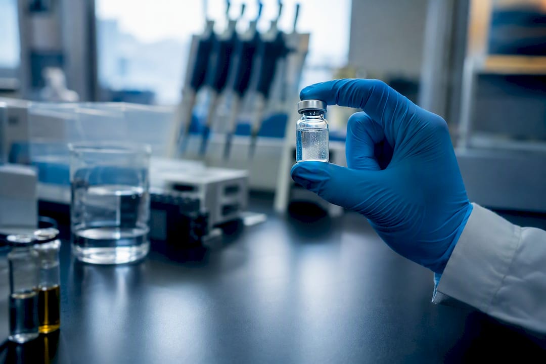 Close-up of peptide vial with visible impurities