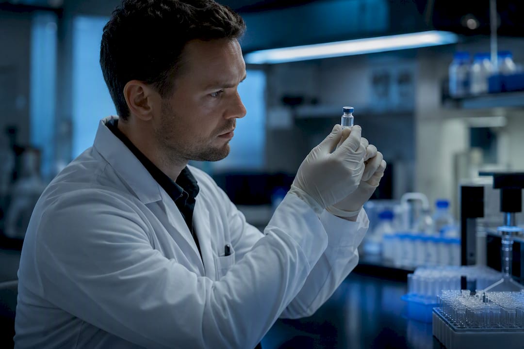 Gloved hands holding peptide vial in lab