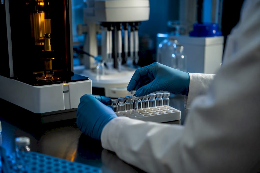Peptide vials near insulin test equipment in lab