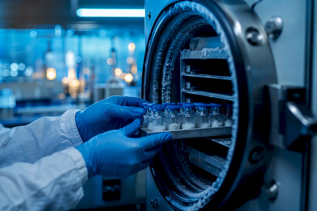 Hands loading peptide vials into freeze drying chamber