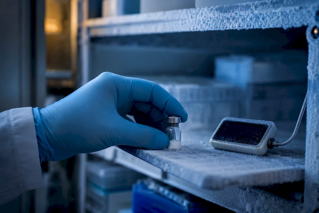 Gloved hand placing peptide vial next to temperature sensor