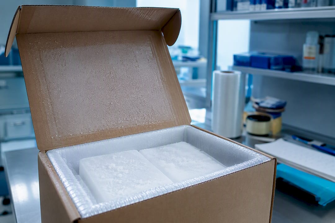 Open shipping box packing dry ice blocks