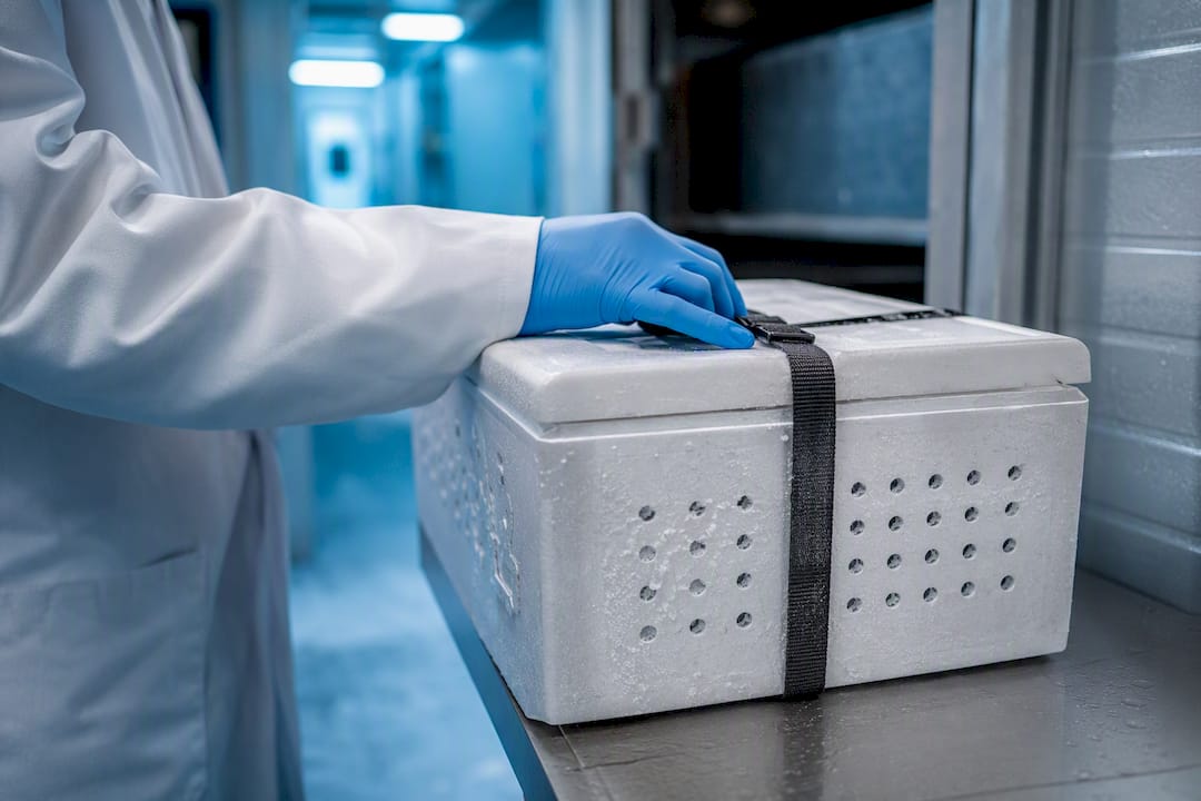 Gloved hand handling vented dry ice shipping box
