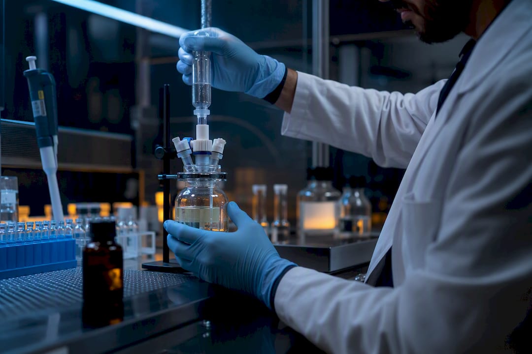 Gloved hands handling peptide synthesis vessel