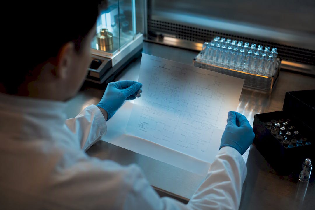 Gloved hands examining peptide batch record sheet