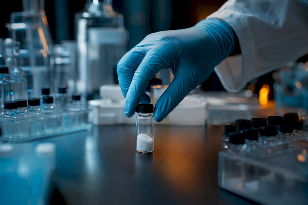 Gloved hand sealing peptide vial in lab