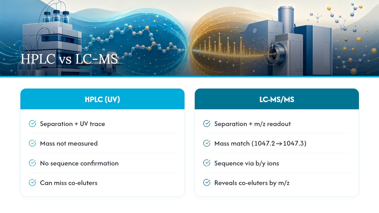 HPLC vs LC-MS for Peptide Identification: Reading Mass and Sequence — overview diagram