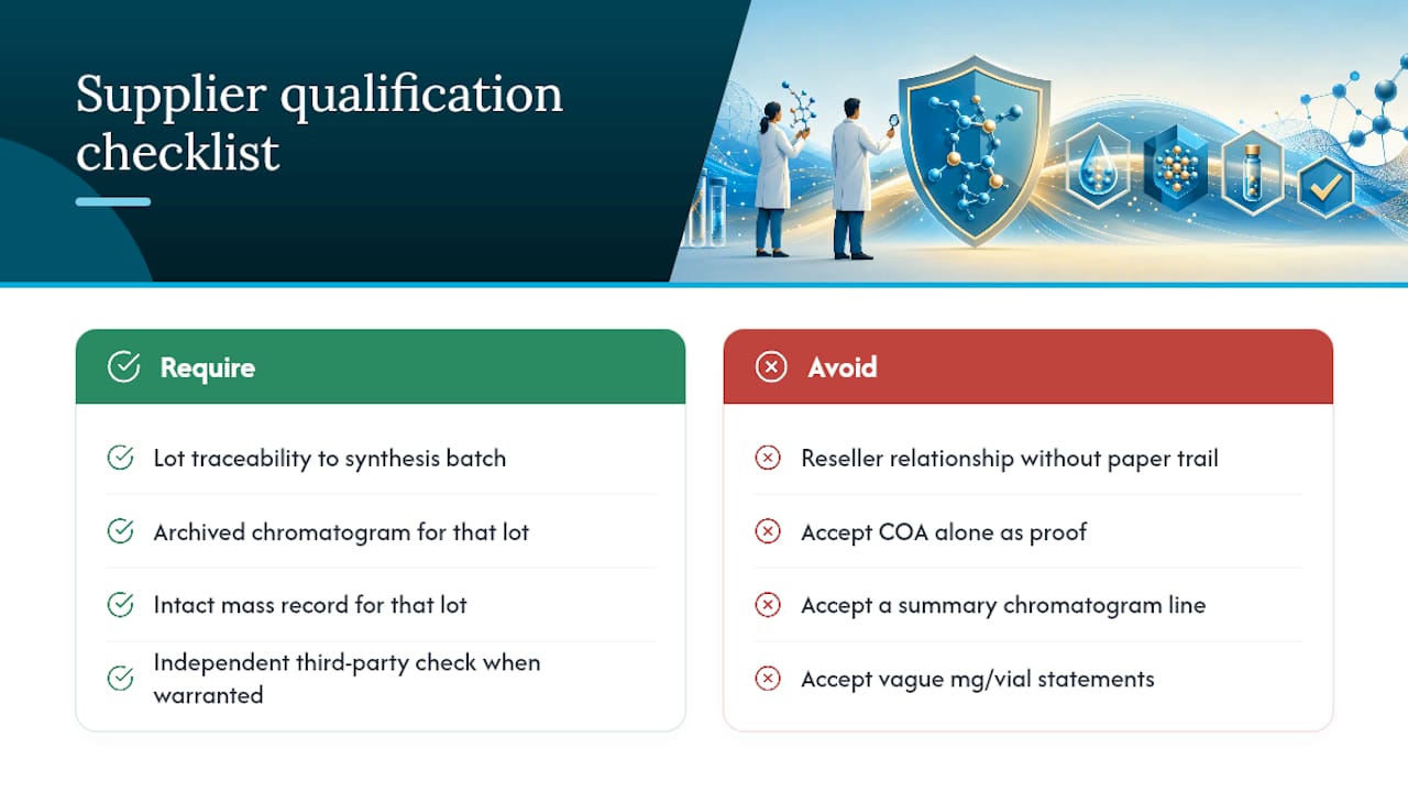 How PeptidesFromChina Qualifies Suppliers Before Listing a Peptide — overview diagram