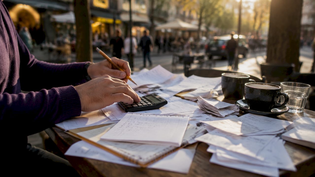 Hands working with manual bookkeeping papers and calculator