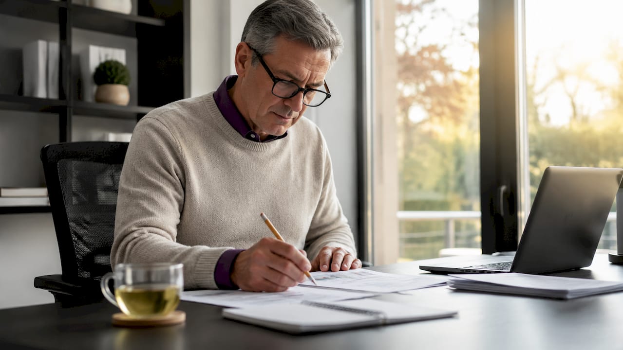 Accountant reviews business tax documents at desk