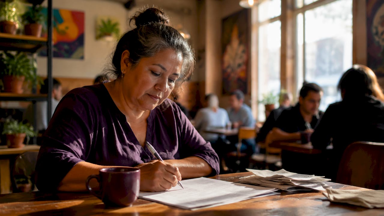 Small business owner reviewing tax form at desk