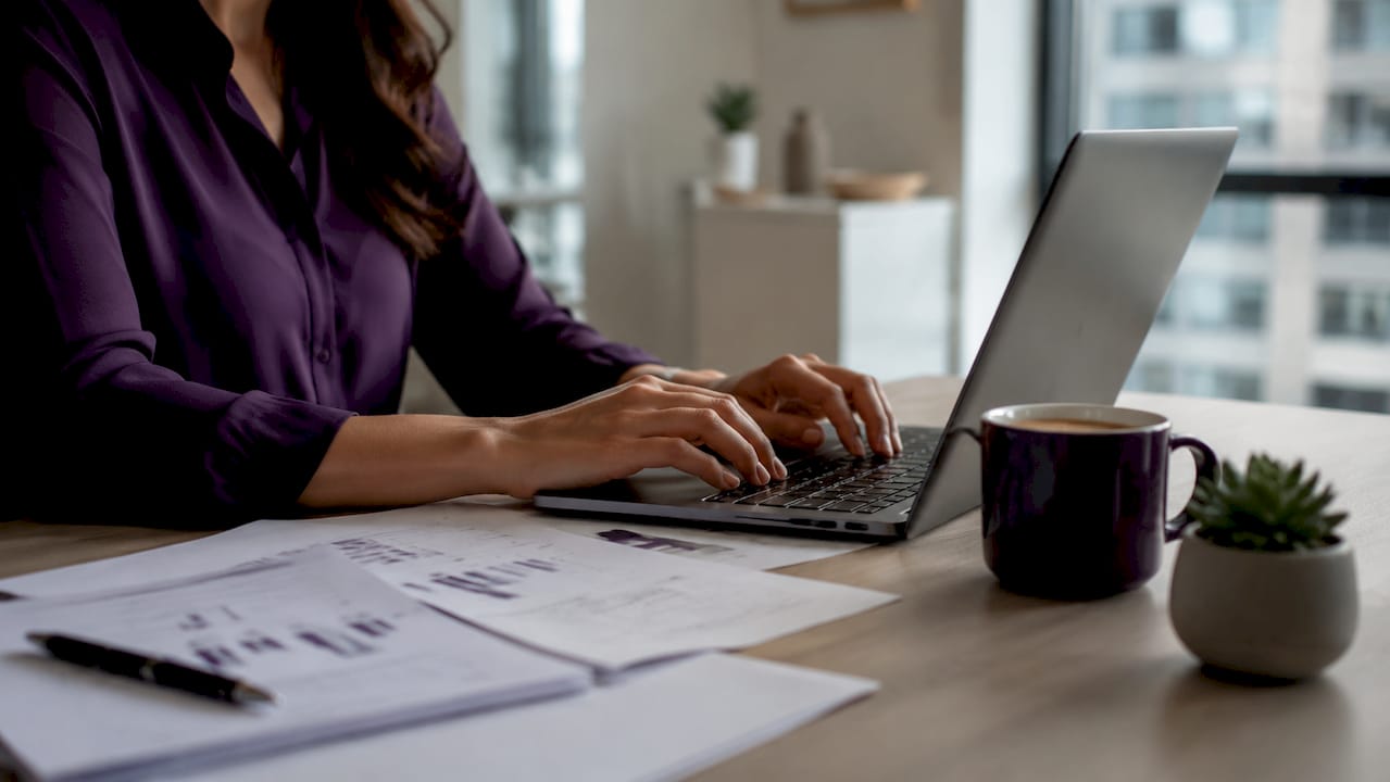 Accountant typing on laptop with financial charts