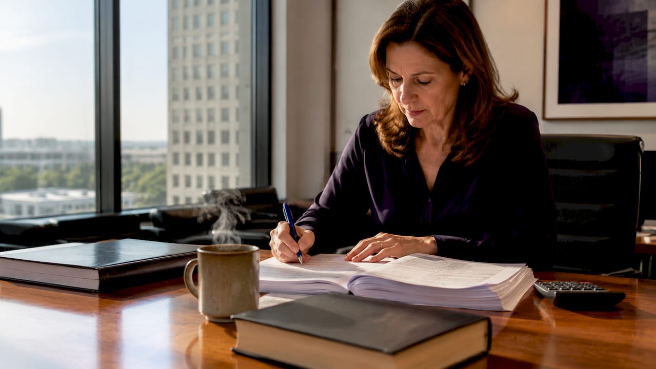 Financial manager reviewing law firm quarterly taxes