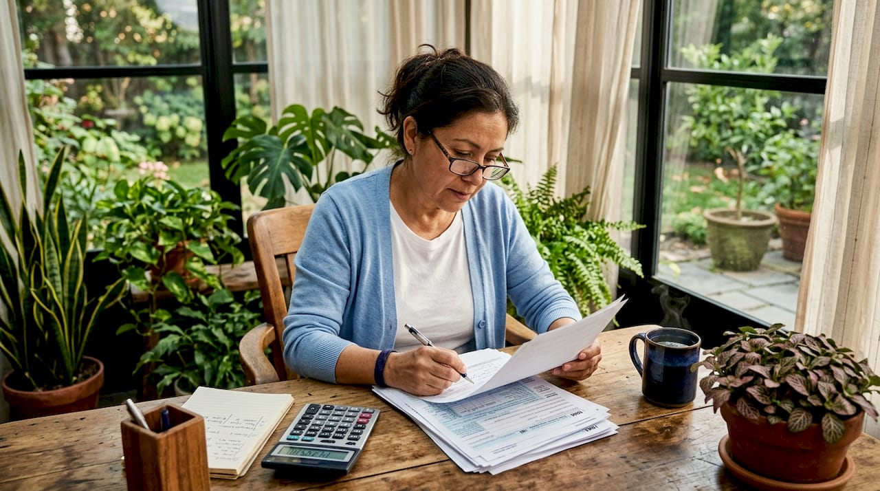 Small business owner reviewing tax paperwork at home office