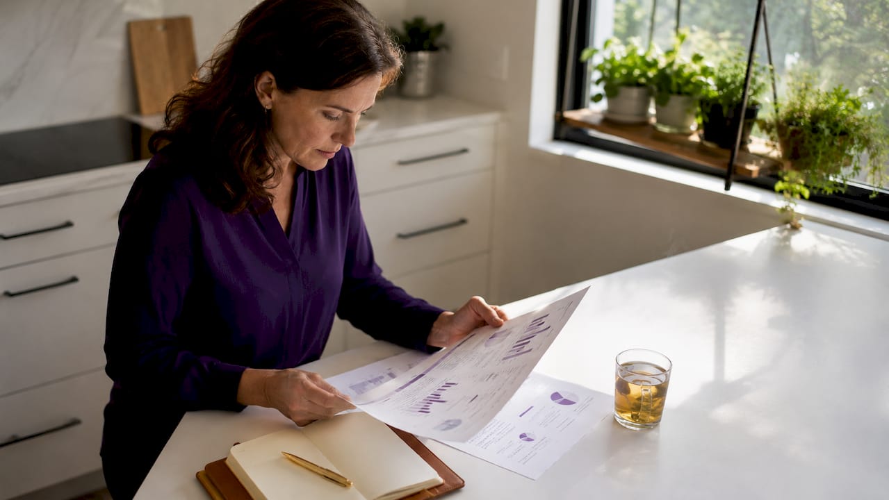 Small business owner reviewing tax documents at desk