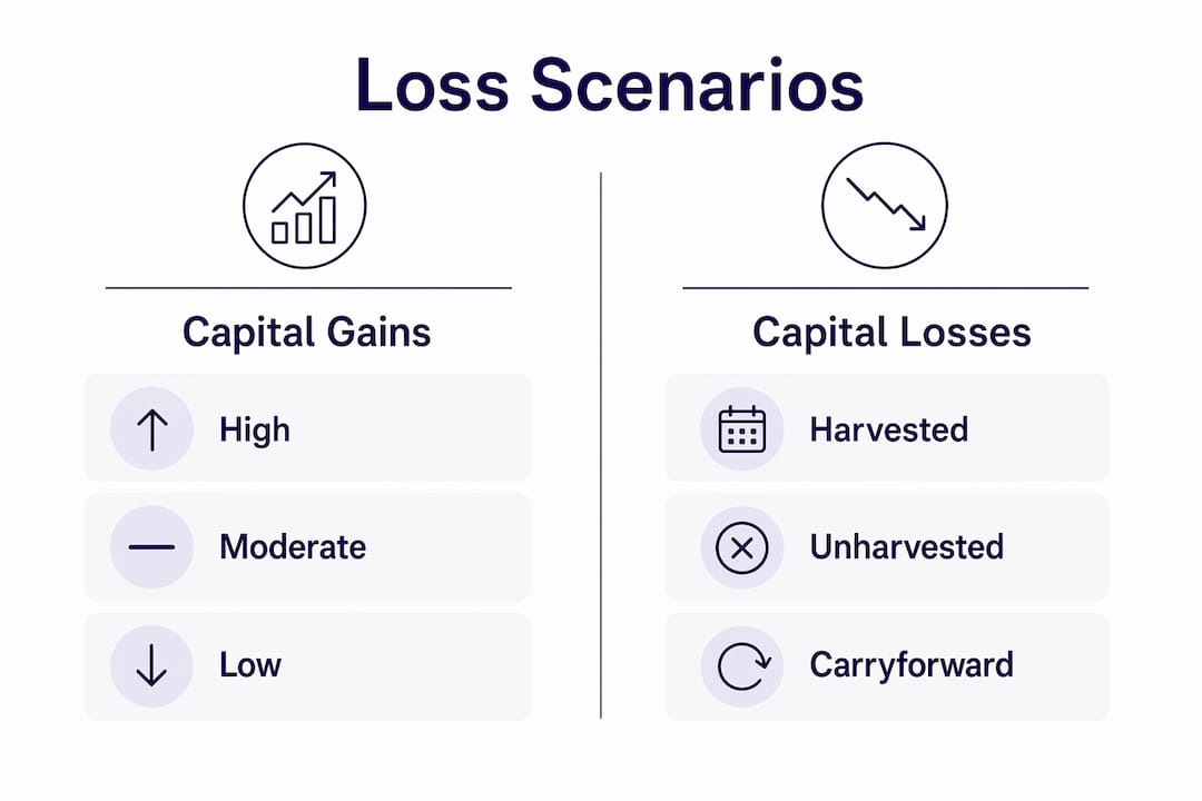 Infographic comparing tax loss harvesting scenarios