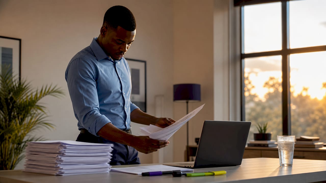 Accountant reviewing reconciliation report hands