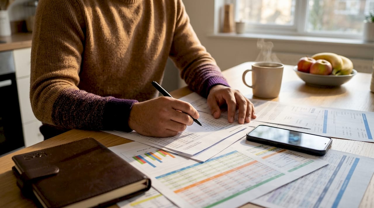 Hands reconciling bank statement and digital data