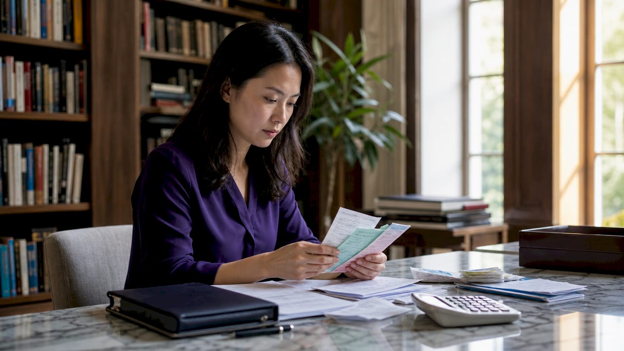 Cluttered desk with tax deduction documents