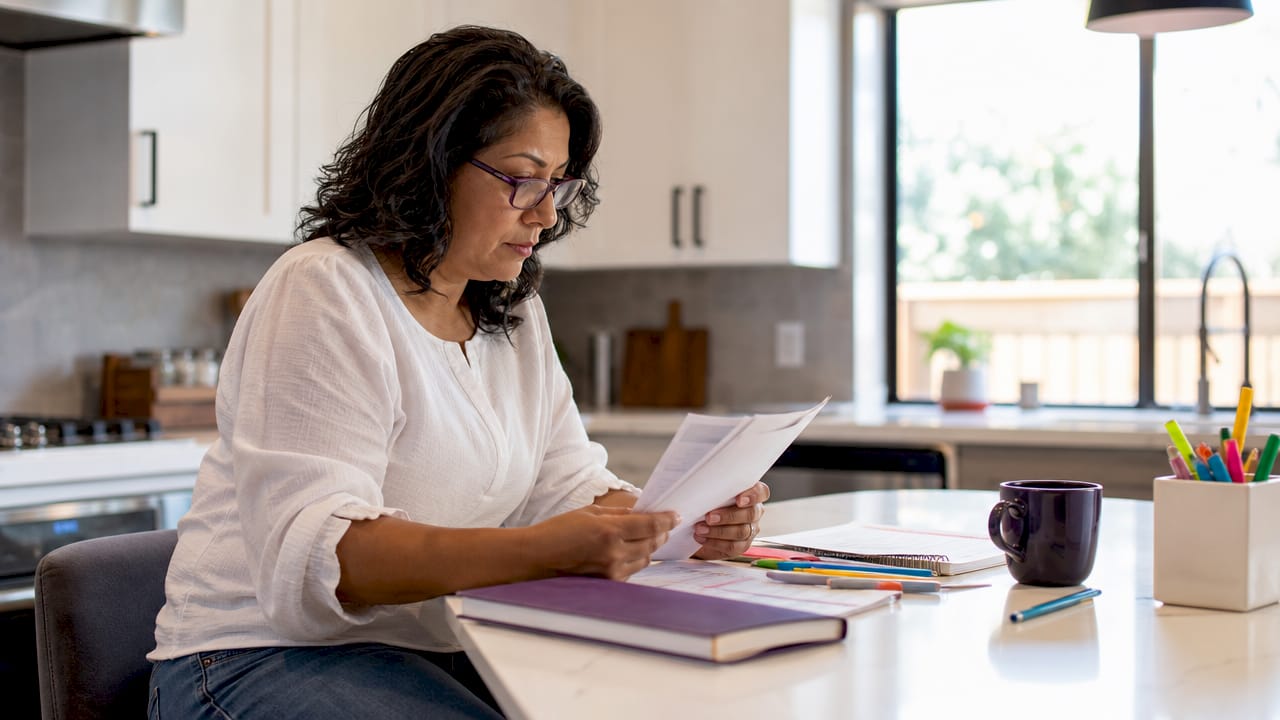 Woman reviewing sales tax paperwork at home office desk
