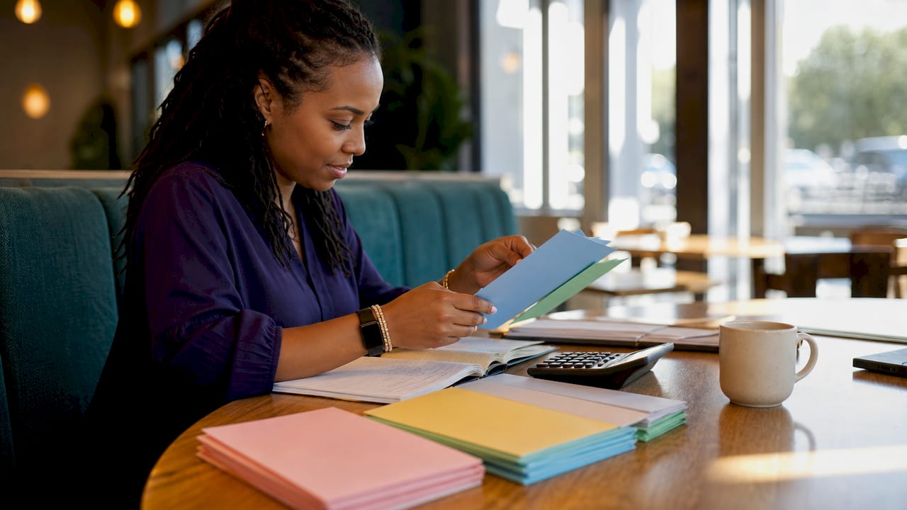 Hands organizing sales tax returns in colorful folders overhead