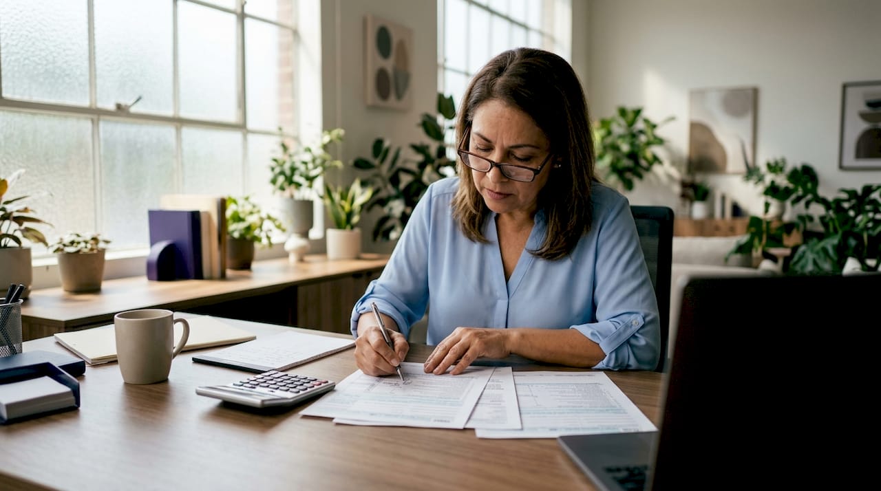 Small business owner reviewing payroll tax forms