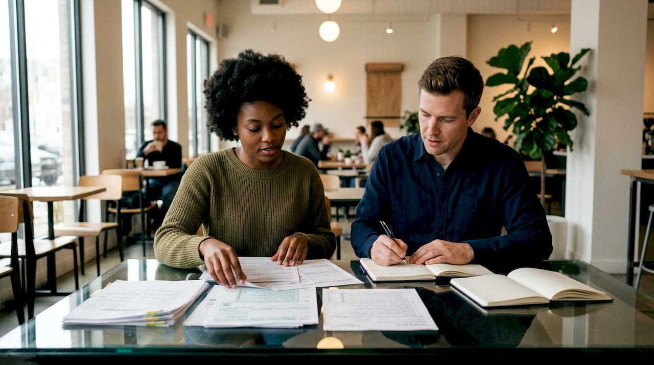 Hands organizing payroll tax folders on table
