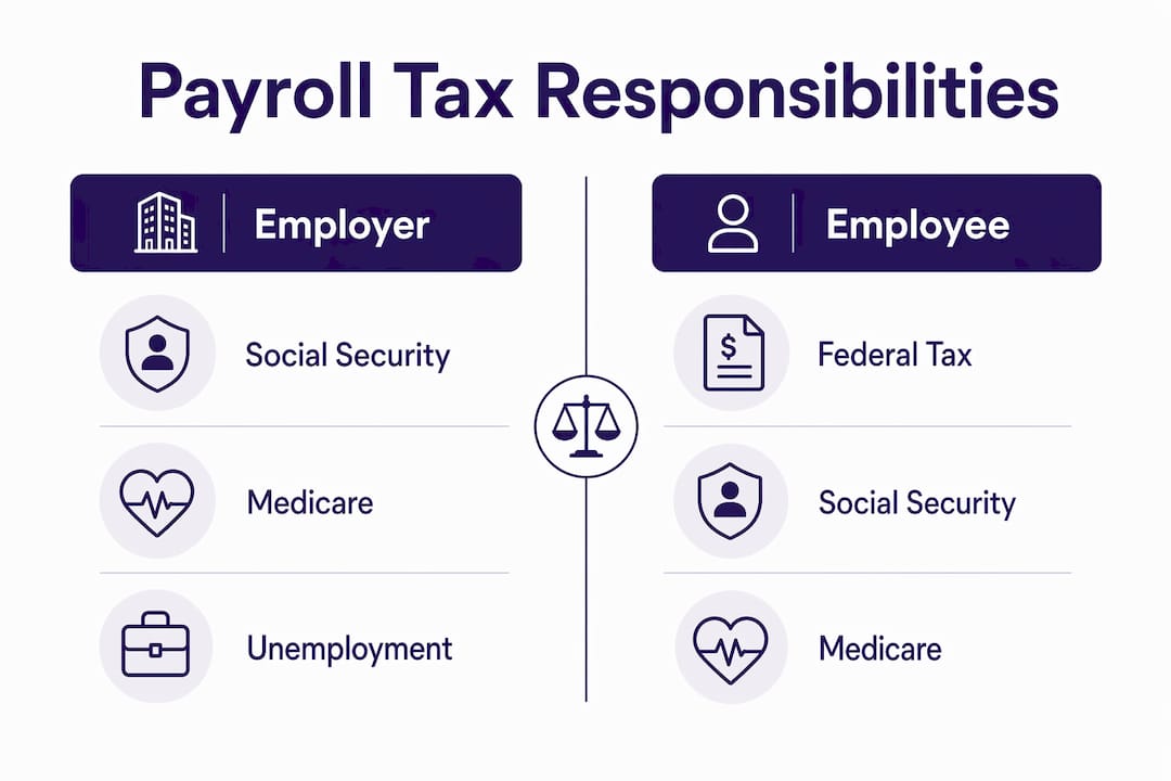Infographic comparing employer and employee payroll tax responsibilities