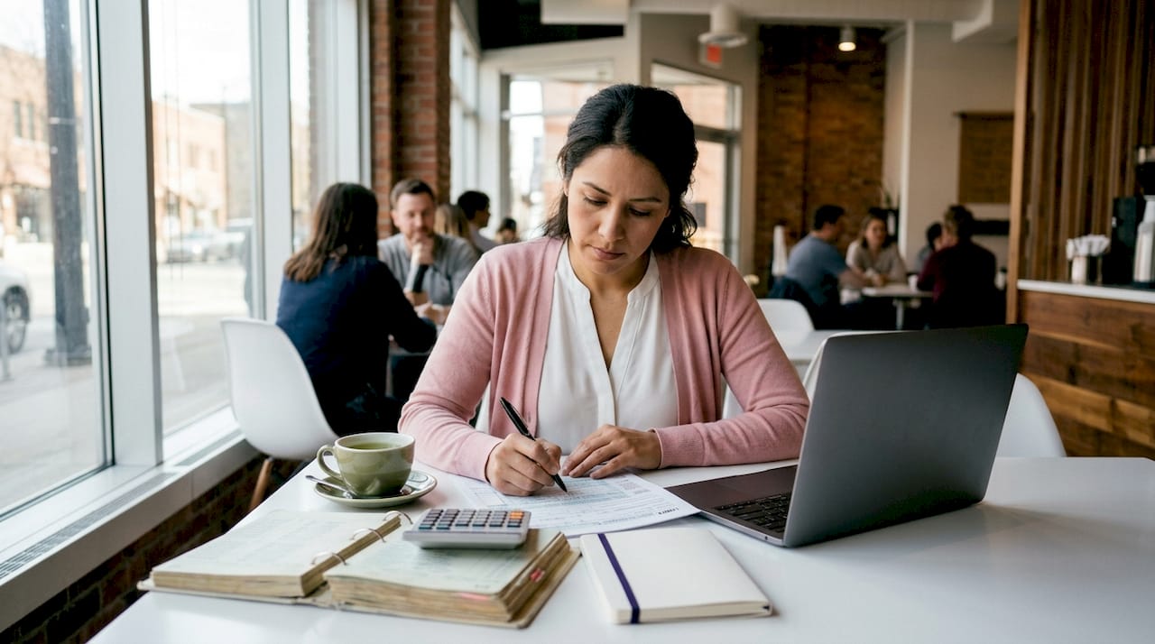 Woman reviewing tax documents at home desk