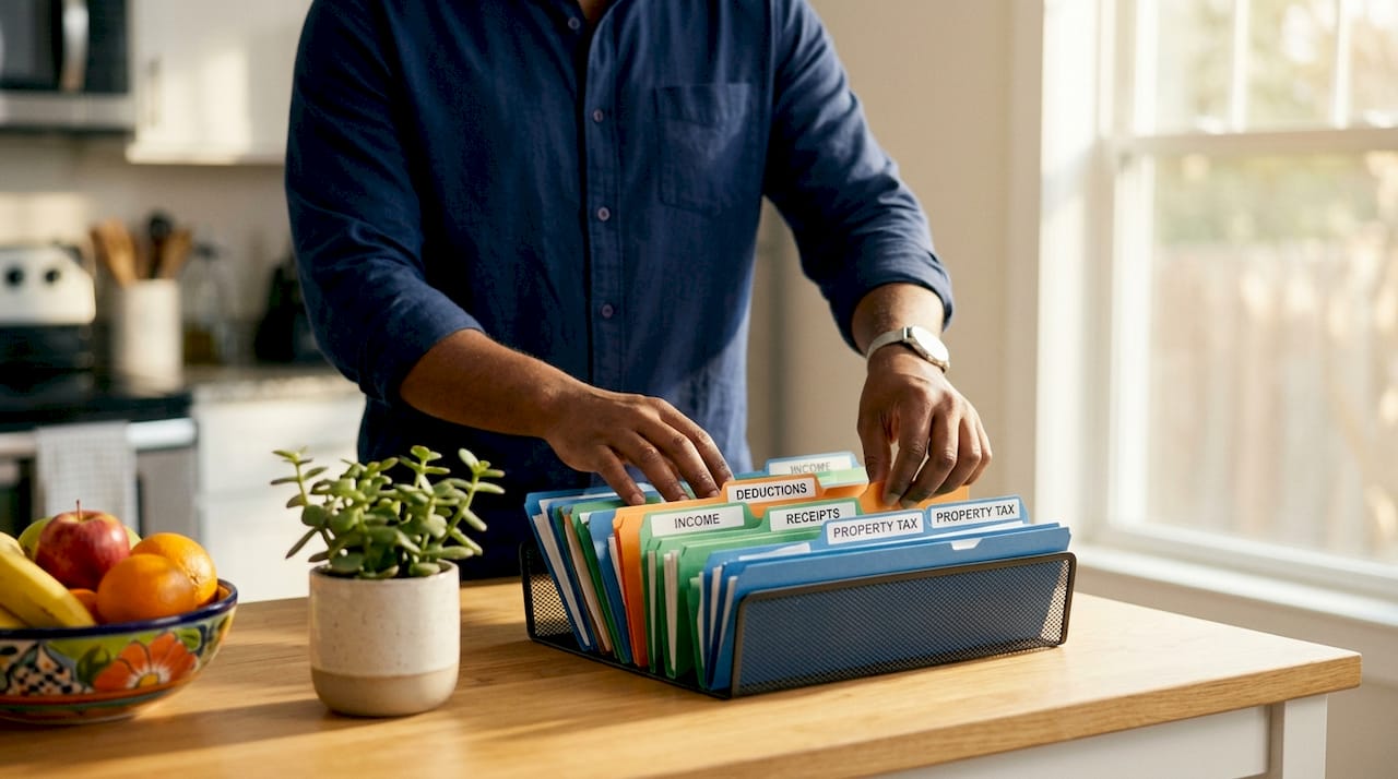 Hands sorting tax document folders
