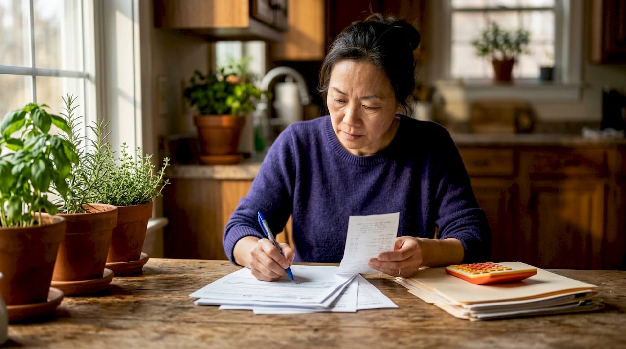 Woman organizing tax documents at desk