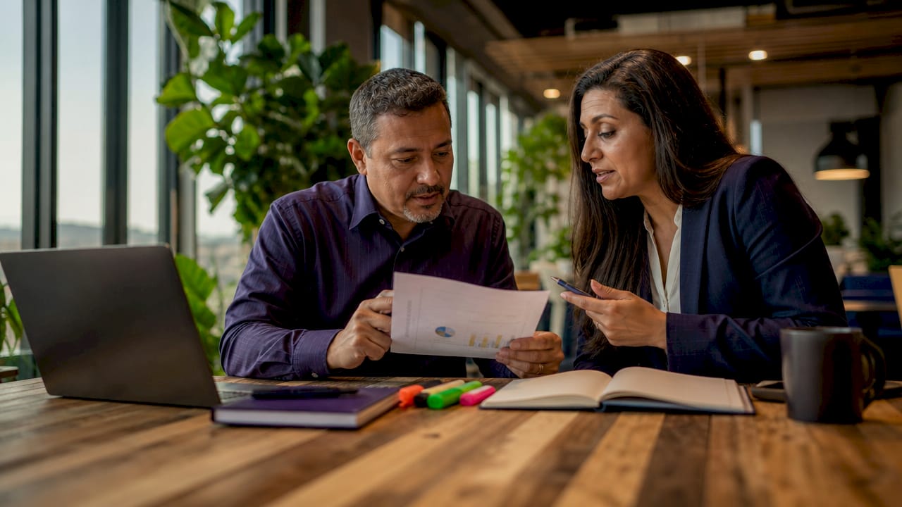 Two professionals discussing employee classification