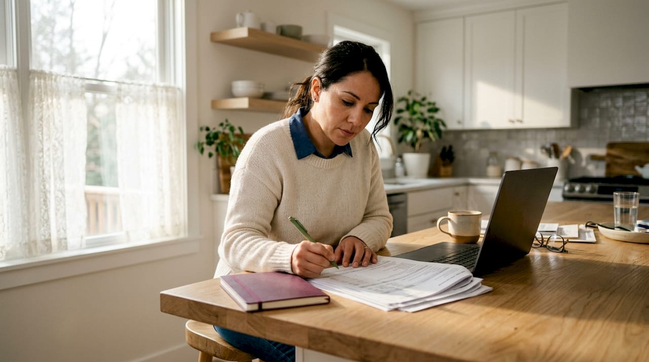Woman reviewing payroll tax documents at desk