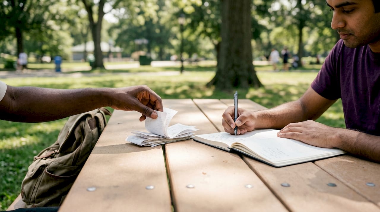 Close-up of diverse hands reviewing bookkeeping documents and notes