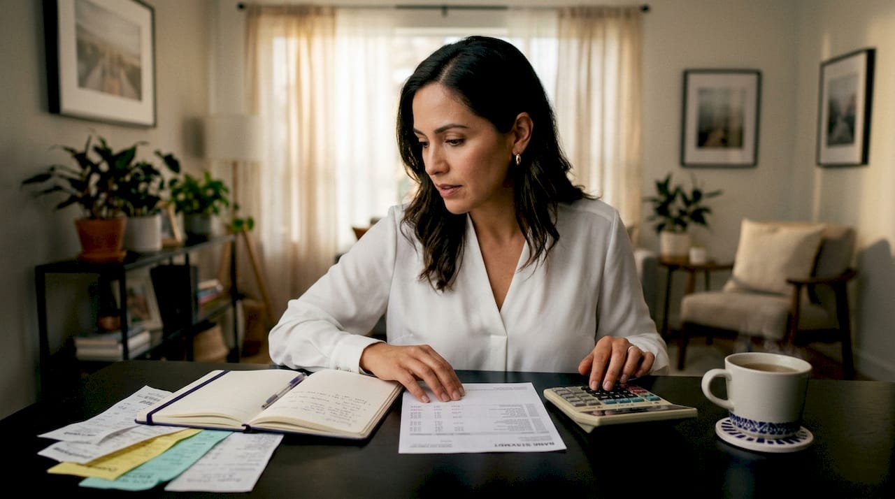 Small business owner reviewing bank statement and bookkeeping papers