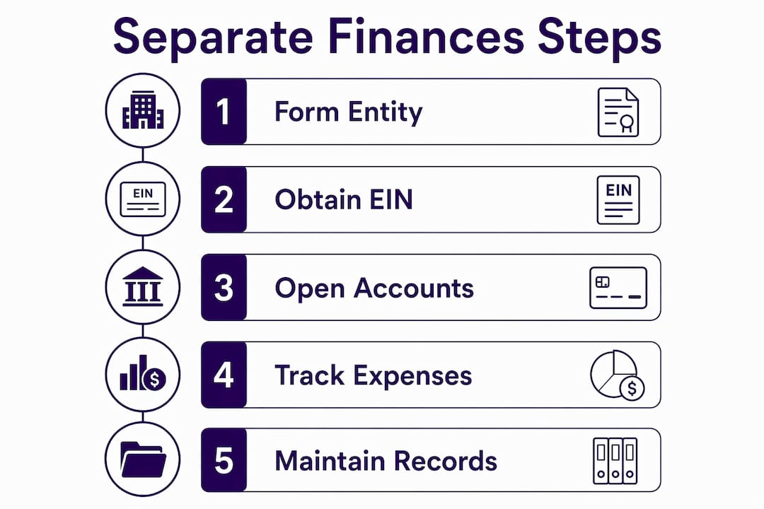 Infographic showing five steps to separate business and personal finances