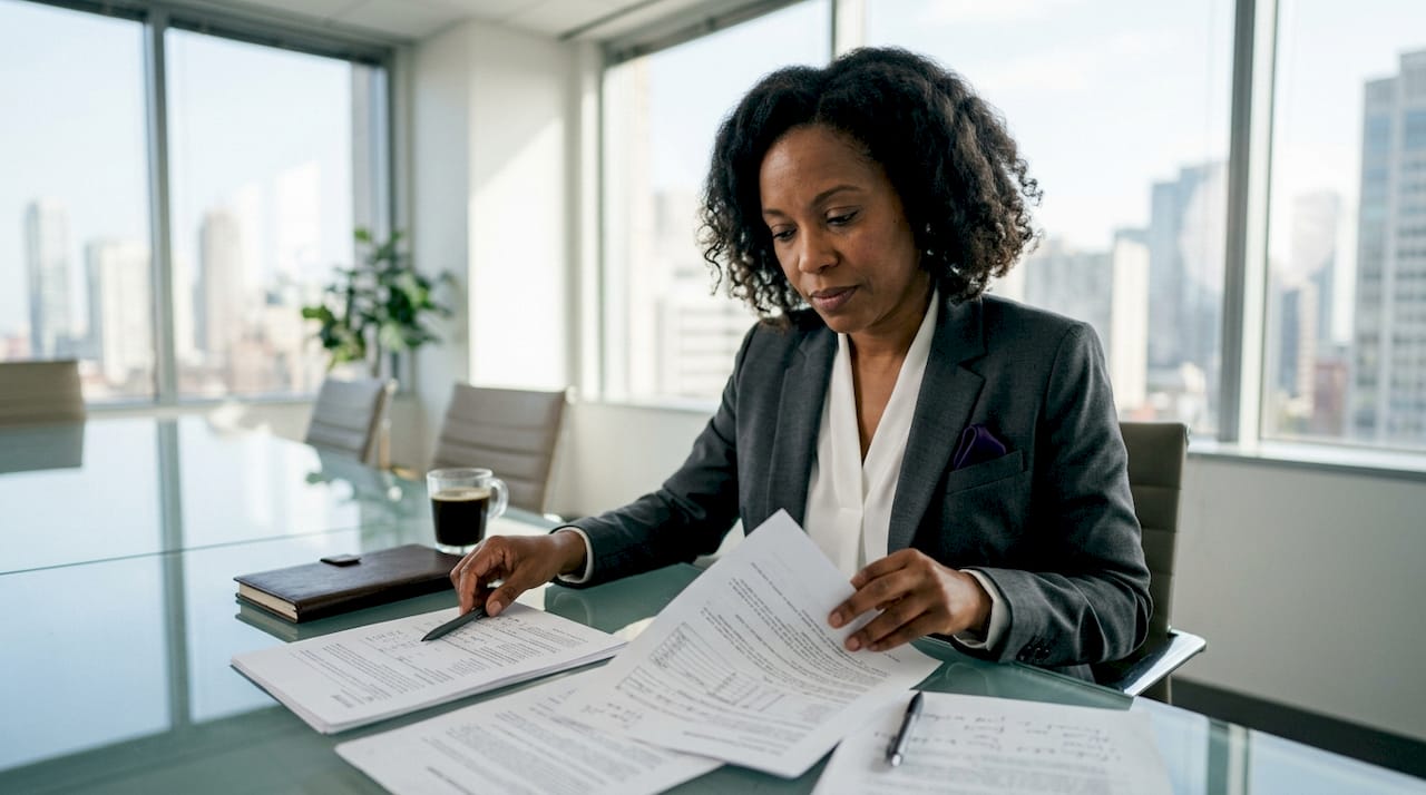Attorney reviewing law firm tax documents in office