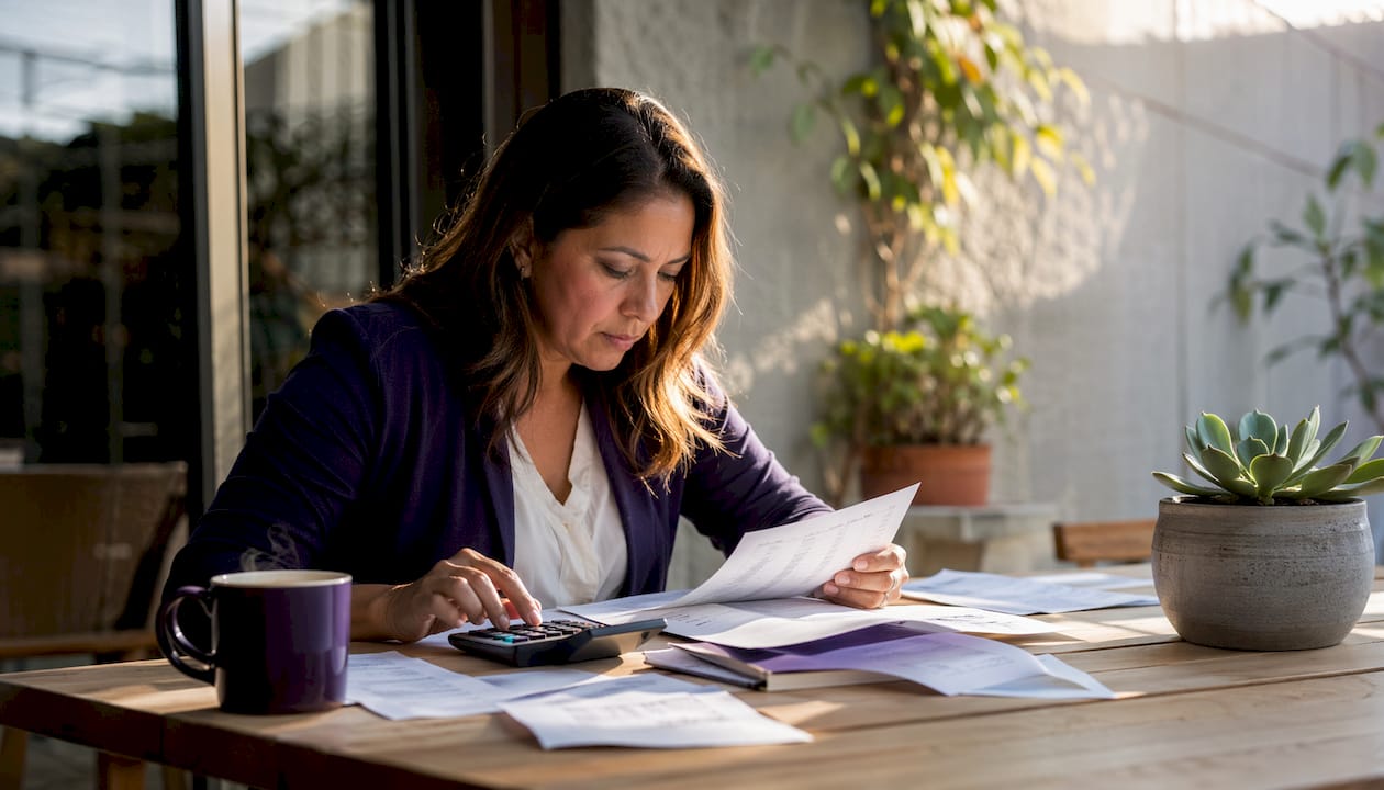 Businesswoman reviewing tax documents at desk