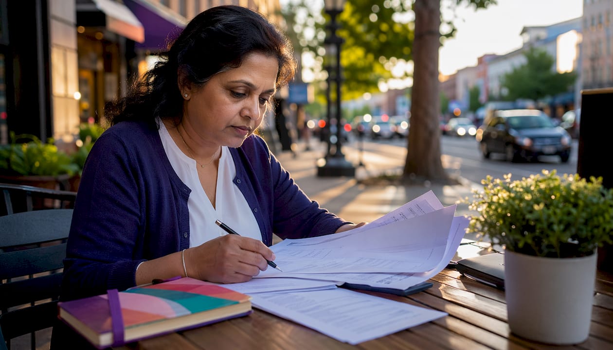 Woman reviewing tax forms at home office desk