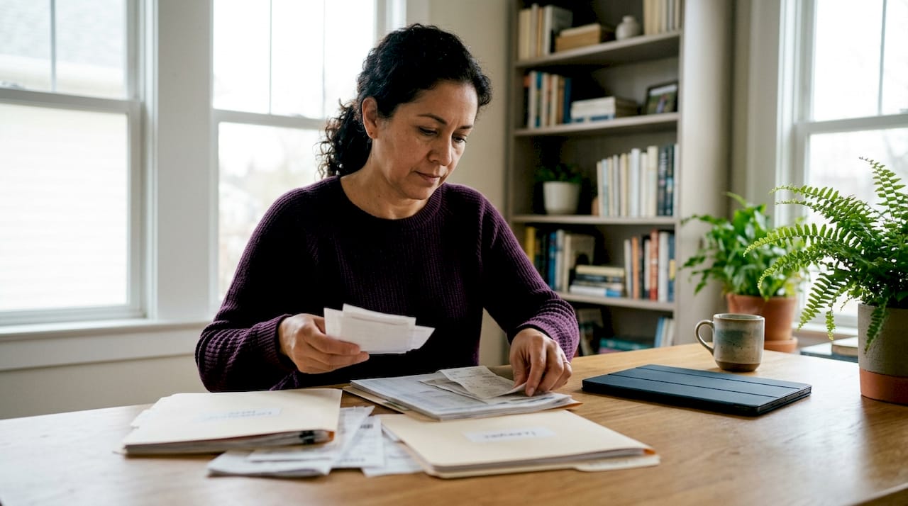 Woman organizing small business ledger documents