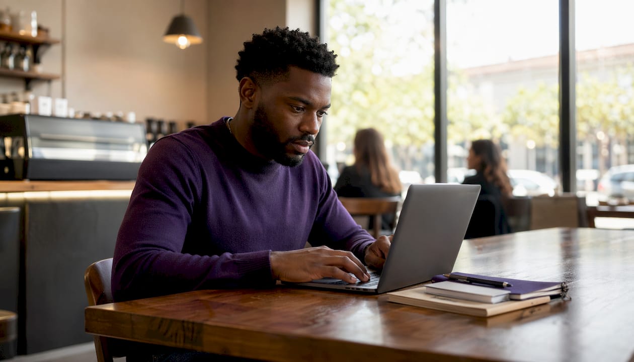 Hands typing on laptop in modern office