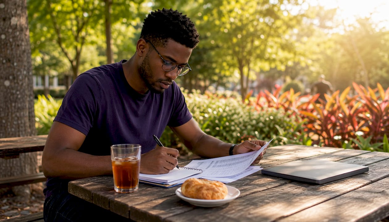 Man working on manual bookkeeping in café