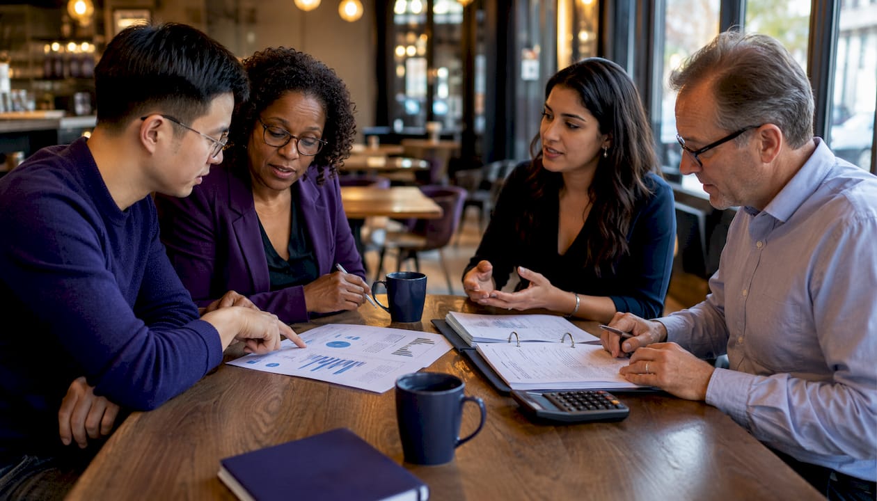 Small groups discussing accounting methods comparison