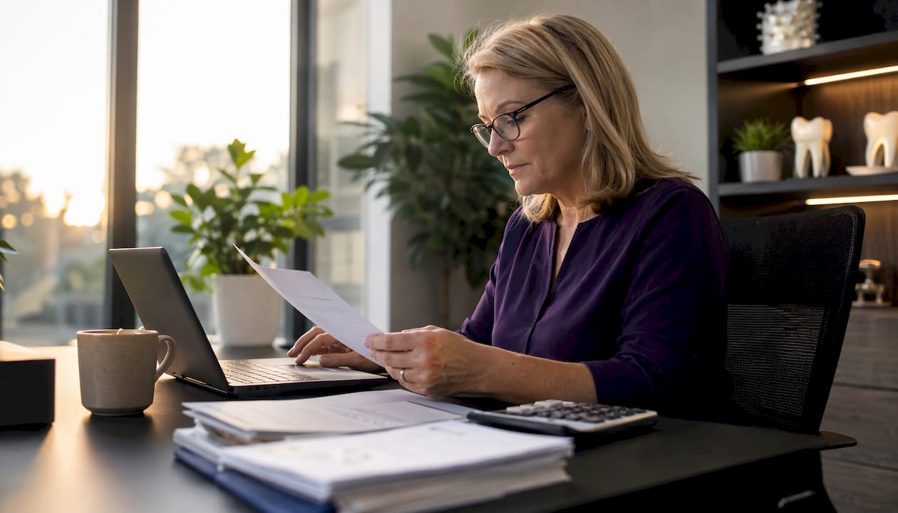 Dental office manager performing bookkeeping