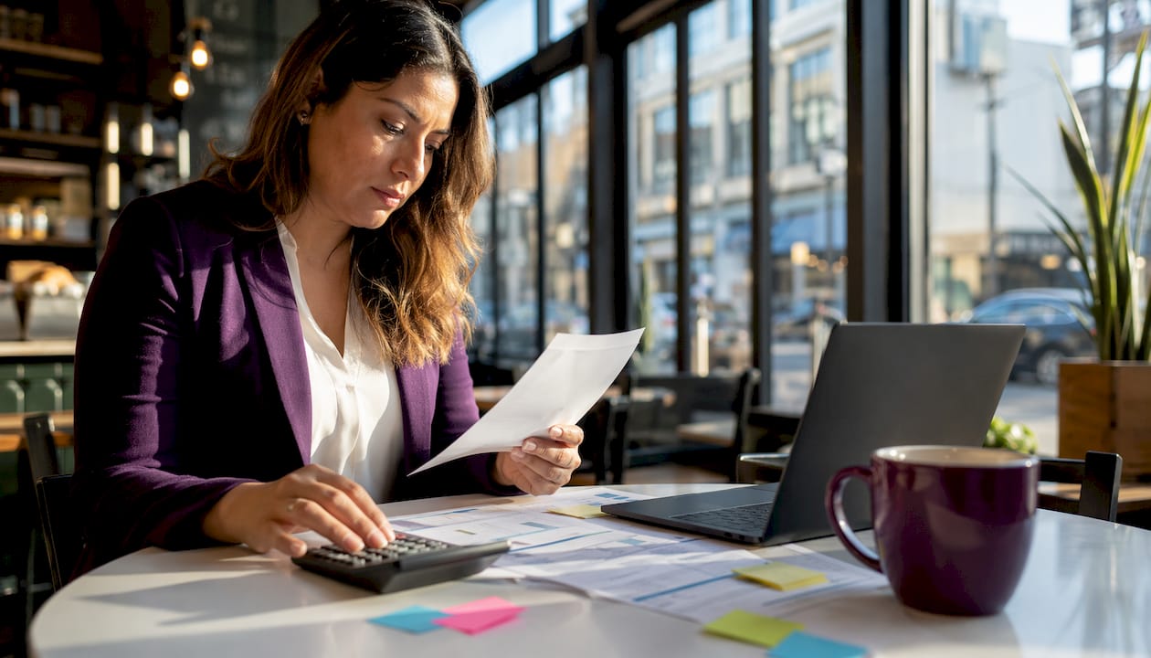 Woman calculating dental payroll details