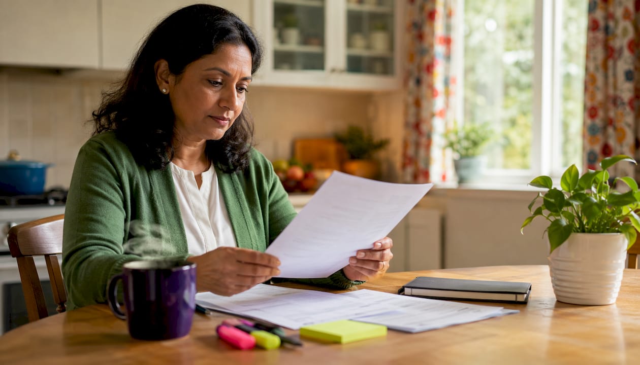 Woman reviewing retirement plan documents at desk