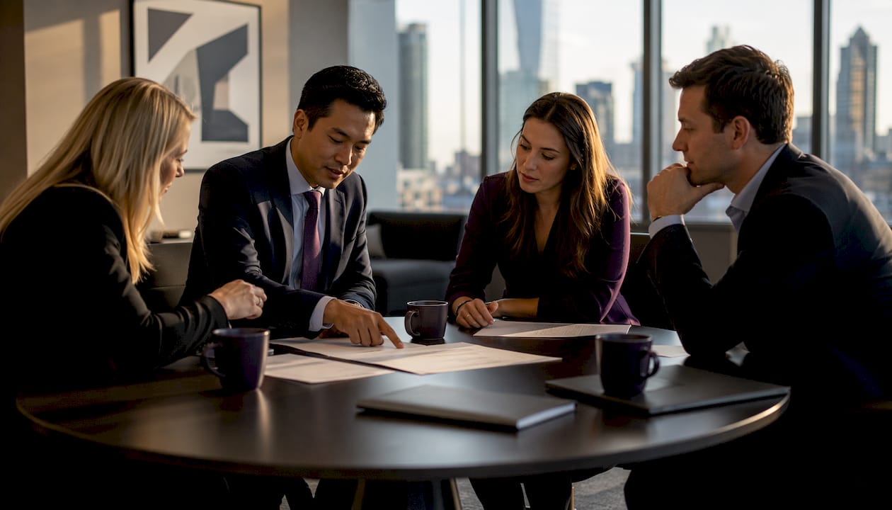 Finance team discussing tax deadlines in meeting