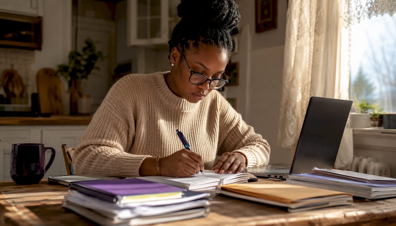 Accountant writing in ledger at office desk