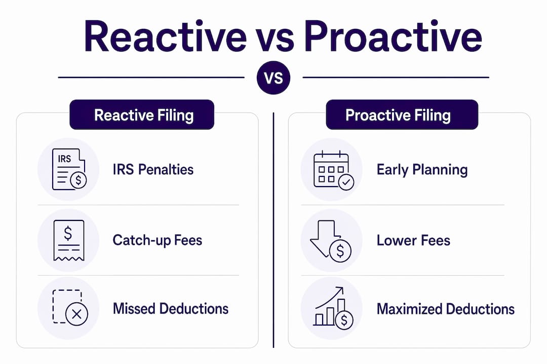 Comparison infographic of reactive vs proactive tax filing costs